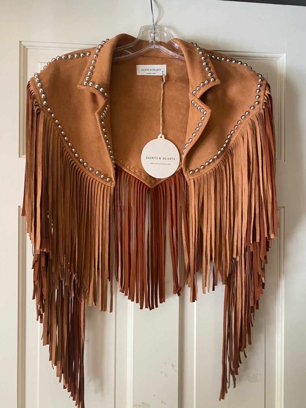 Saints & Hearts Tan Suede Fringe Studded Cape